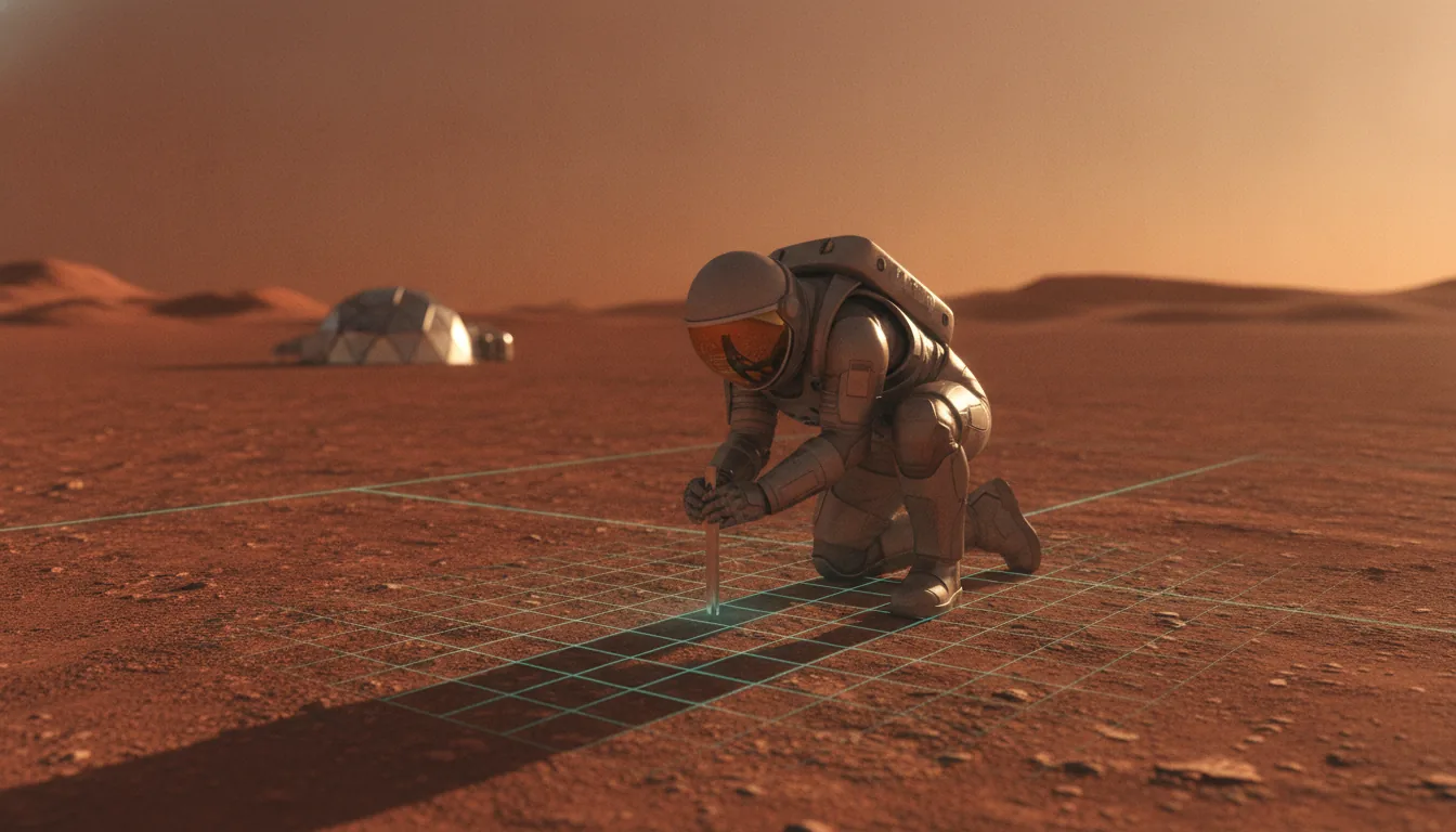 A surveyor in a spacesuit kneeling to plant a marker stake in the rust-red Martian regolith at golden hour, a homestead parcel stretching to distant hills