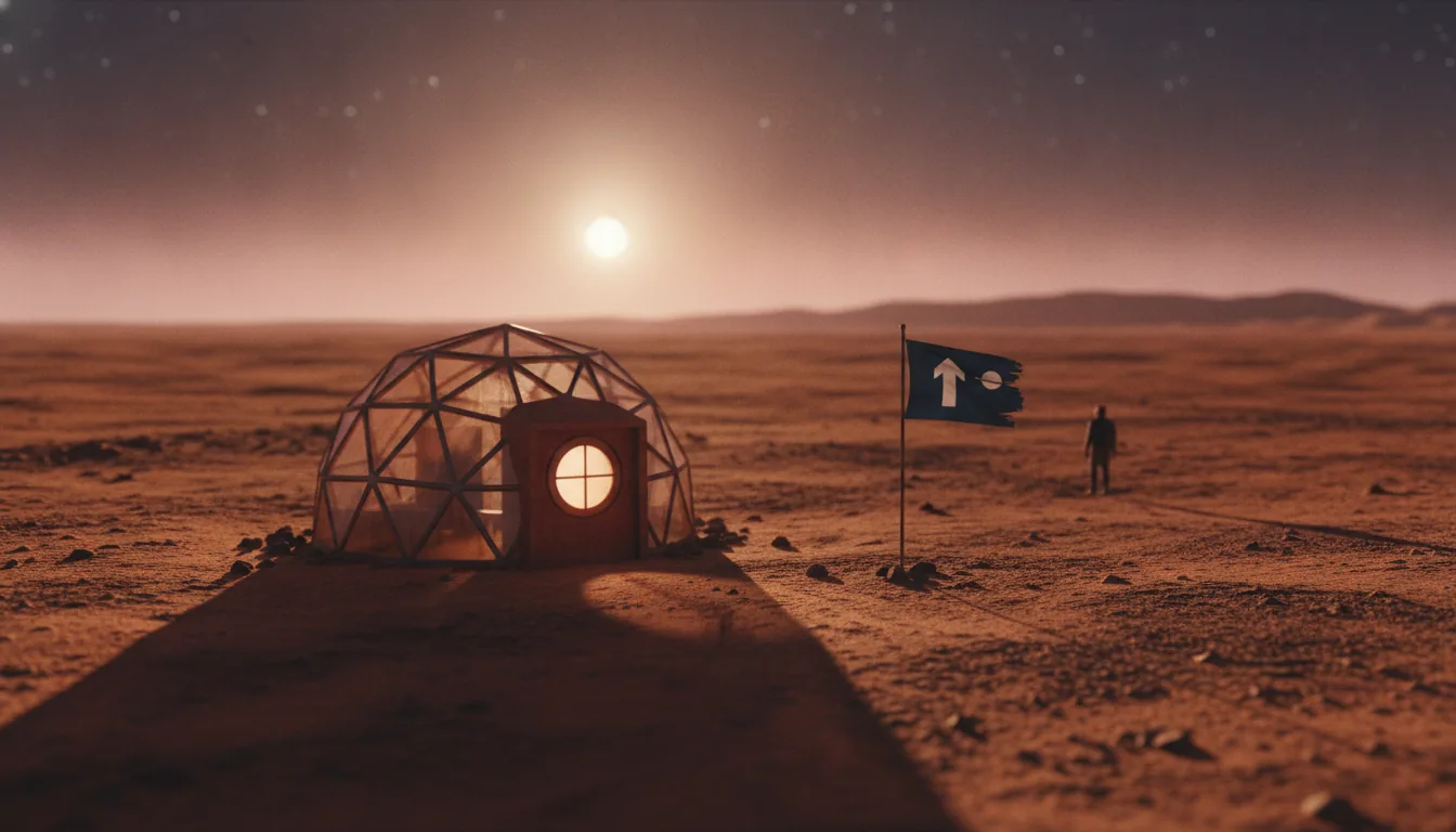 A quiet amber dawn over a single modest Martian homestead — a small habitat dome with a warm-lit window and a claim flag on the rust-red plain