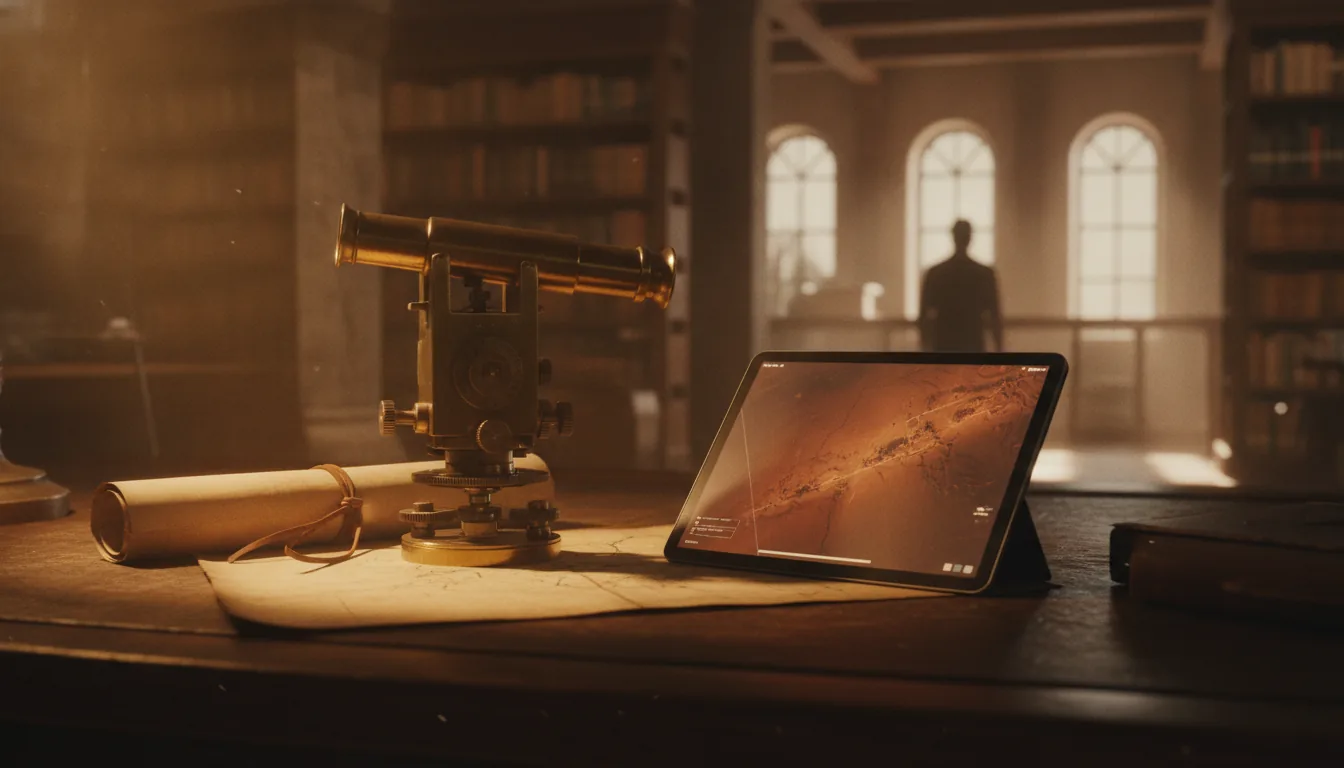 A frontier library still life — an antique brass surveyor's transit and a rolled map beside a softly glowing tablet showing a map of Mars, warm lamplight