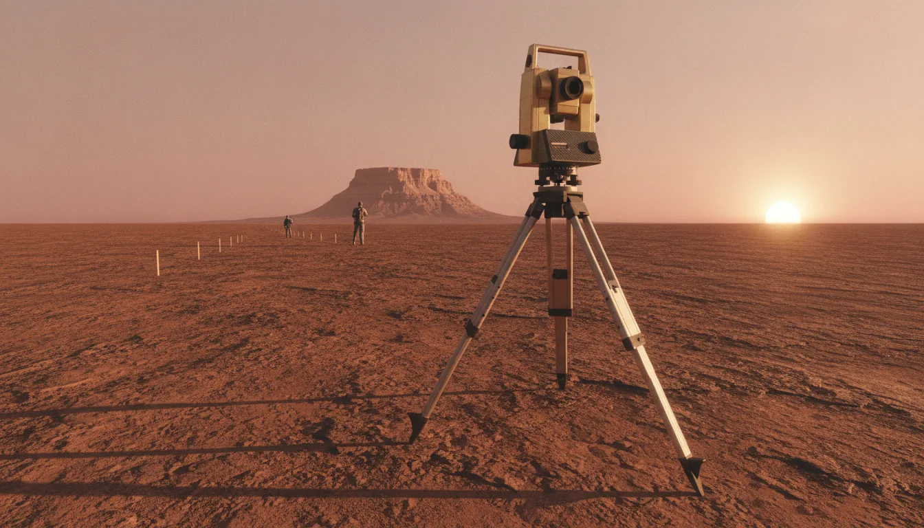 A precise survey instrument on a tripod on the open Martian plains at dawn, casting a long shadow across ground marked with a line of stakes