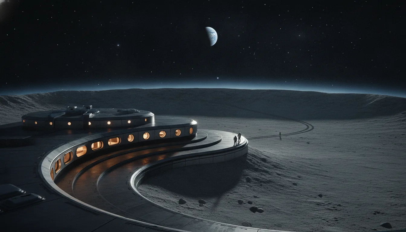Illustration of a curved lunar base with lit windows on the rim of a crater, with Earth in the sky