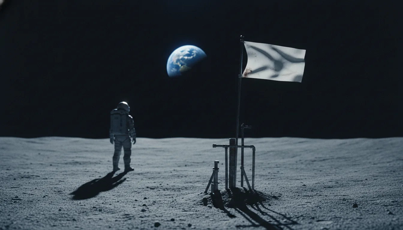 Illustration of an astronaut on the lunar surface beside a planted flag, with Earth in the black sky
