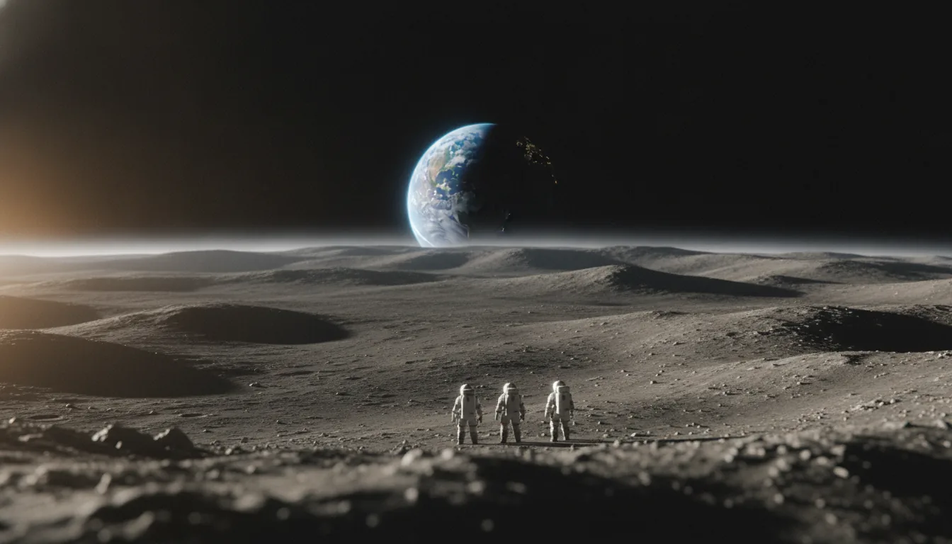 A sweeping lunar vista with the Earth rising over grey cratered plains